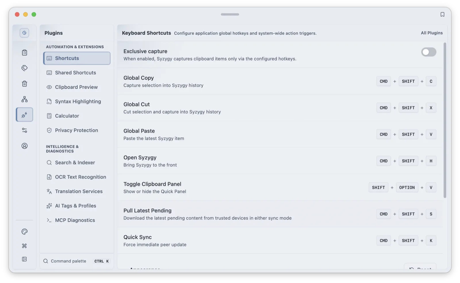 The shortcuts settings page: quick panel, direct-jump, and pinned-paste hotkeys are all reviewed and rebound here