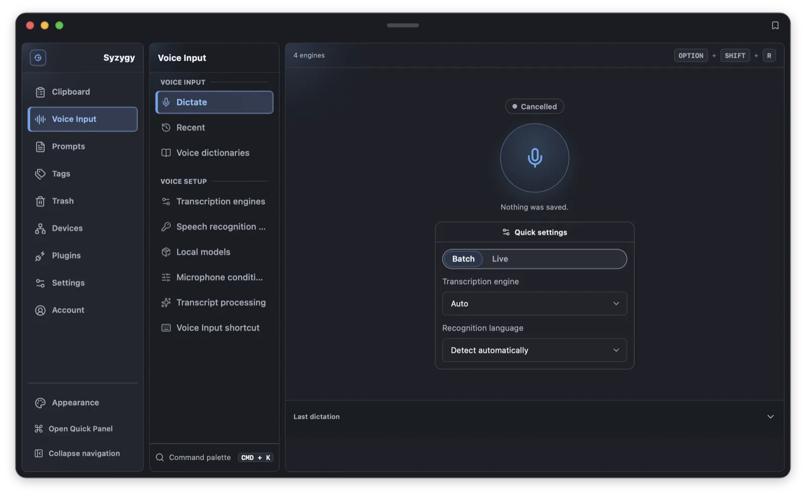 Syzygy voice dictation view: live segmented transcription with on-device engines